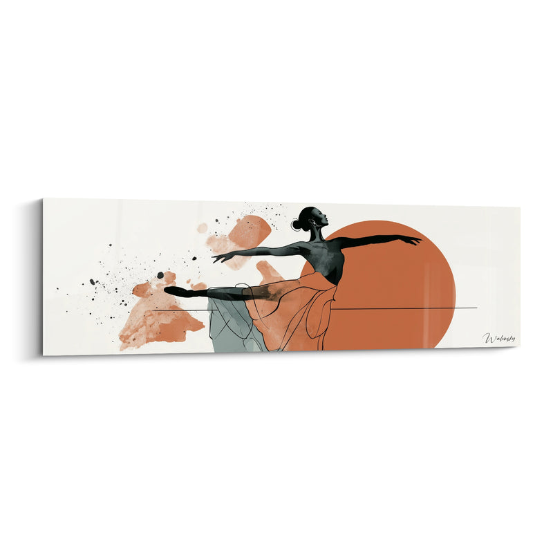 Tableau Danseuse noire et terracotta au grand disque solaire - Ligne d'horizon fine - Edition Danseuse abstrait