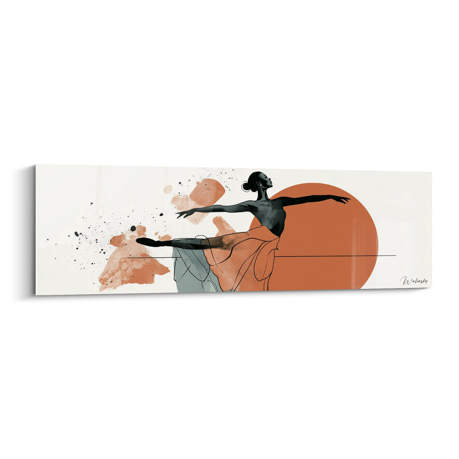 Tableau Danseuse noire et terracotta au grand disque solaire - Ligne d'horizon fine - Edition Danseuse abstrait