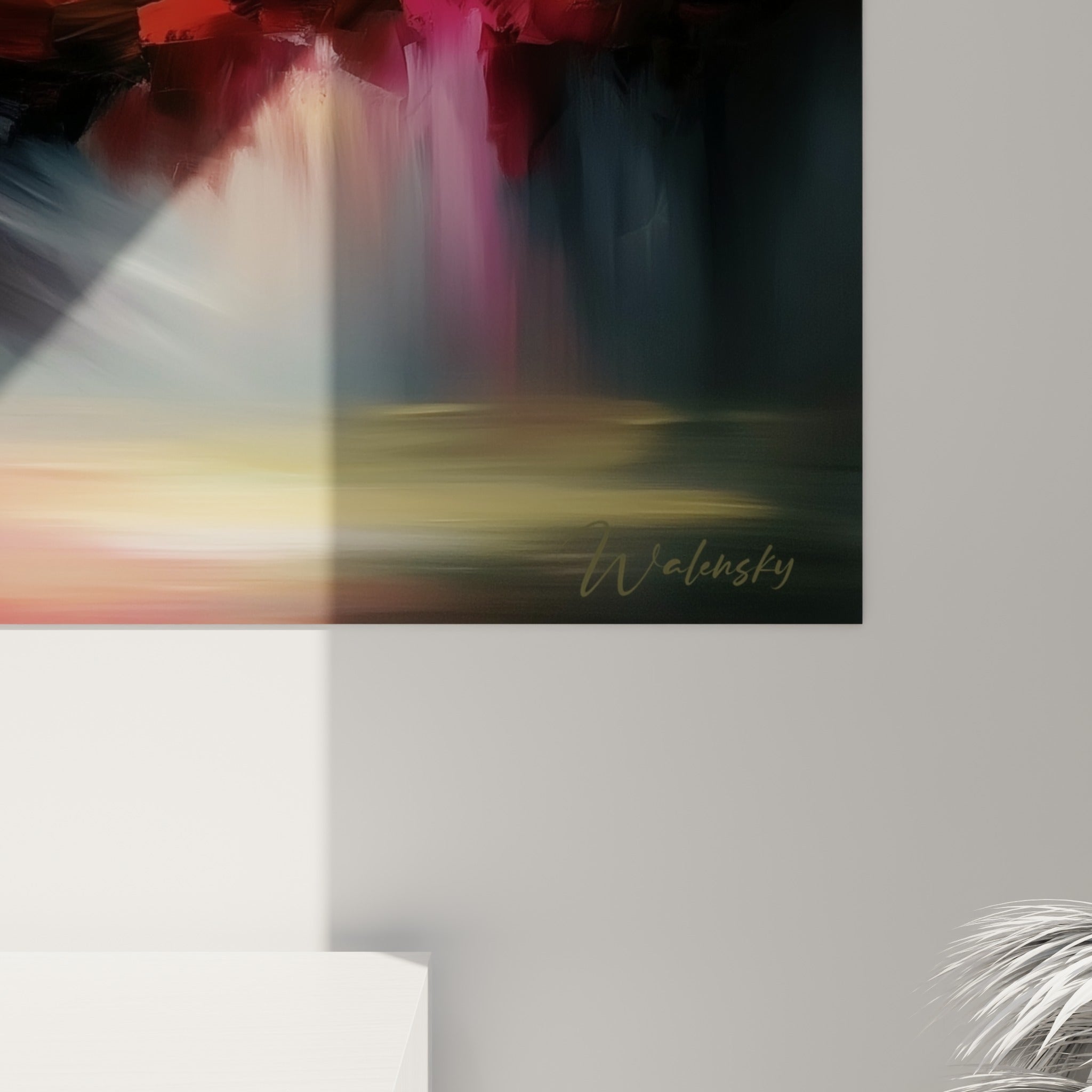 Empâtements épais de rose fuchsia et jaune doré visibles sur la toile de la danseuse abstraite accrochée