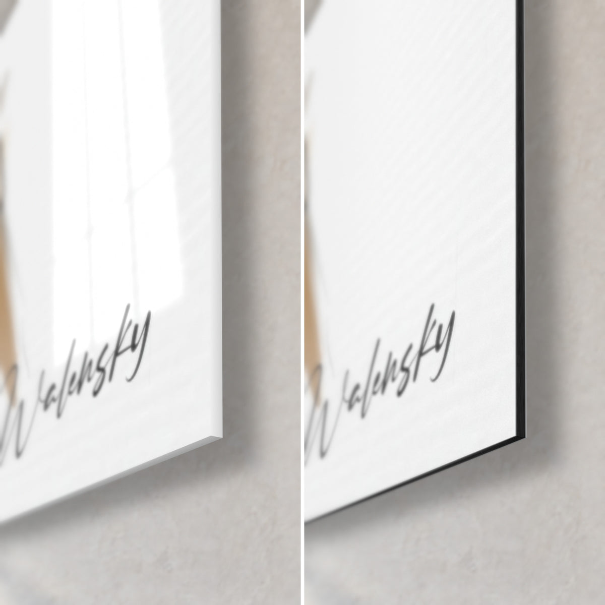 Wall art dancer in ochre and beige flat tones, bottom right corner: glossy acrylic glass on the left, matte black Dibond on the right