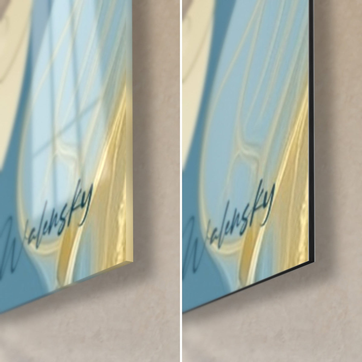 Tableau danseuse à la robe bleue et dorée, coin bas droit : verre acrylique brillant à gauche, alu Dibond mat à droite, tranche de 3 mm