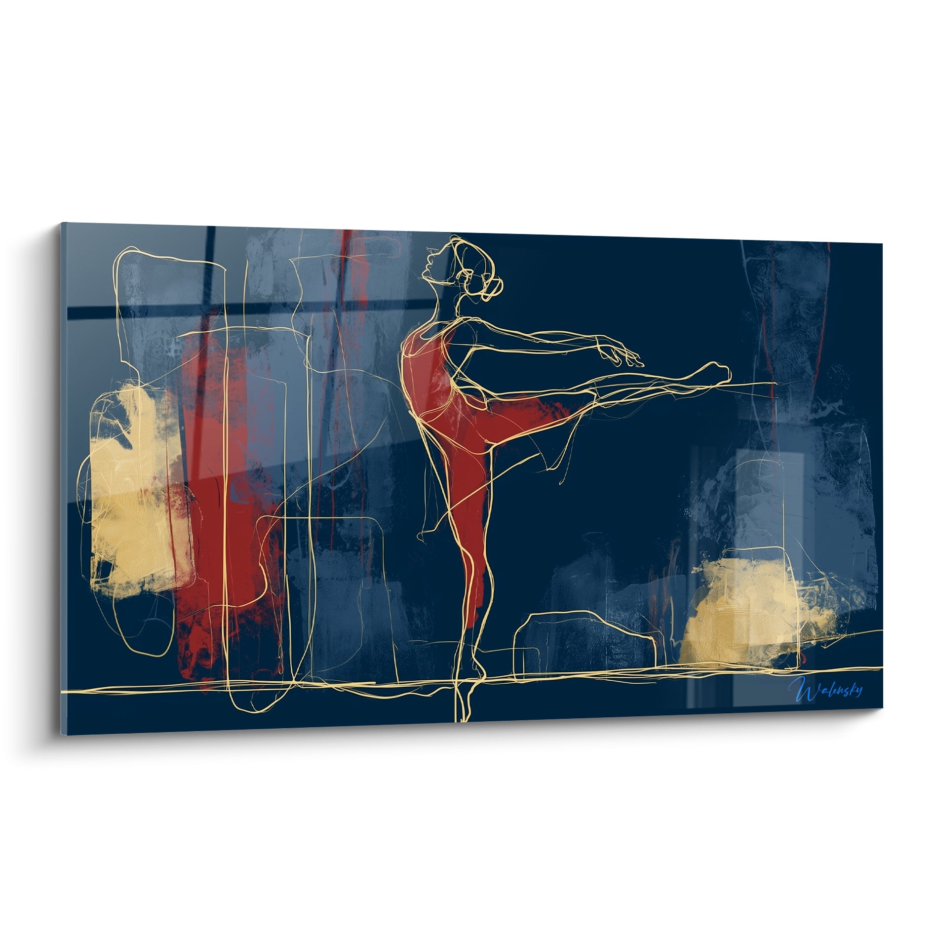 Danseuse abstraite au trait doré, jambe tendue, buste rouge sur fond bleu marine profond