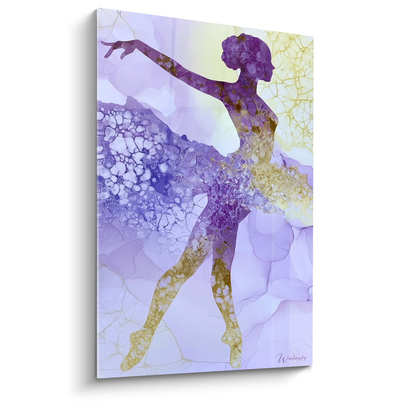 Tableau Danseuse violette et dorée aux bulles marbrées - Jambe tendue pointe - Edition Danseuse abstrait