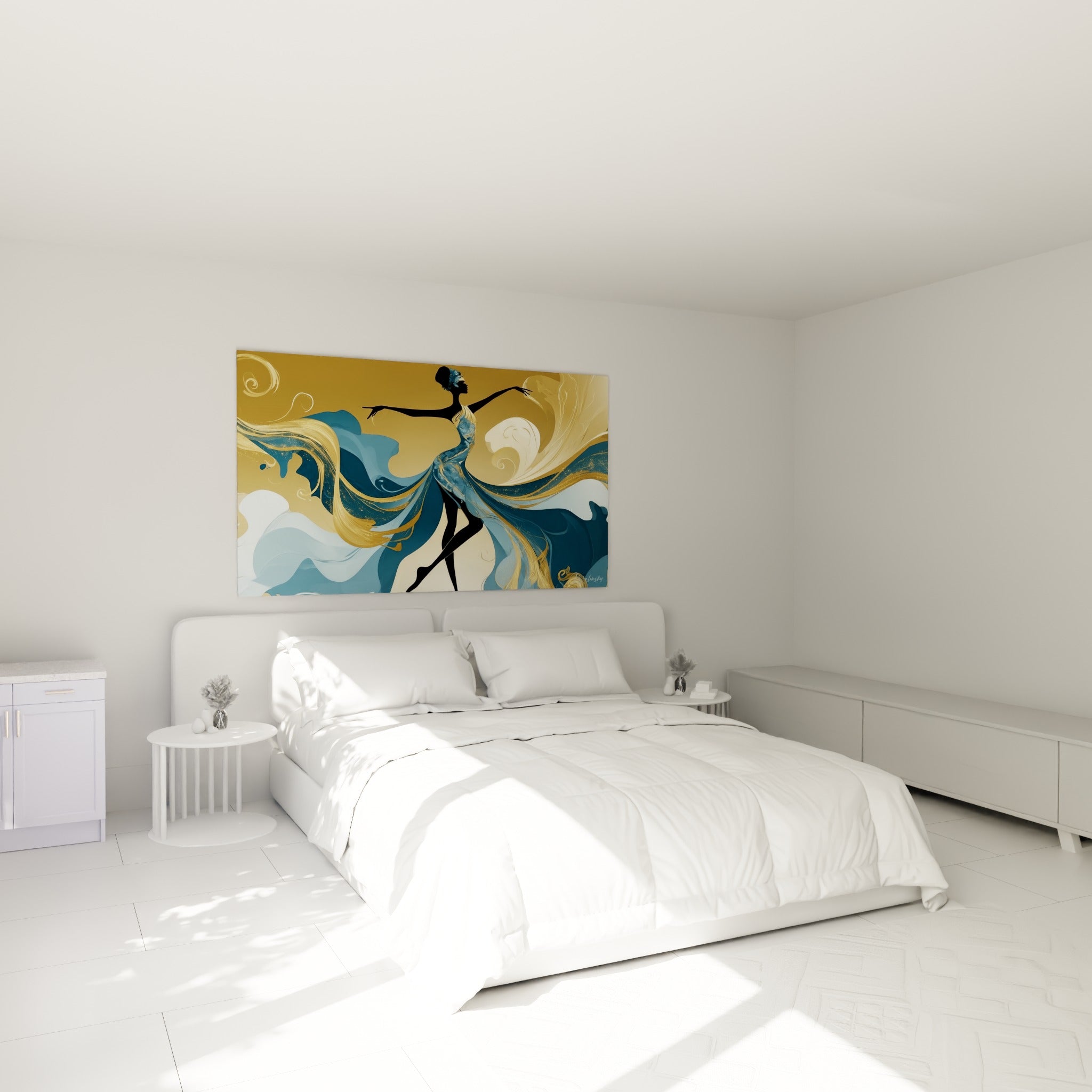 Silhouette de danseuse aux tons bleu pastel et dorés flottant au-dessus d'un lit dans une chambre claire