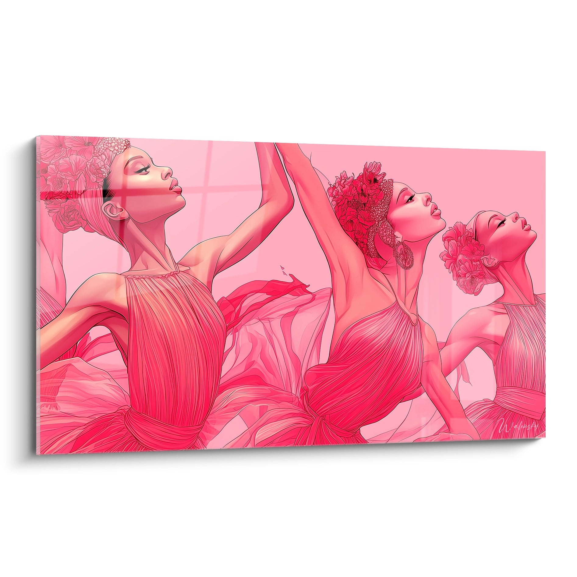 Tableau danseuse africaine kente en rose avec des ballerines en mouvement sur une toile artistique