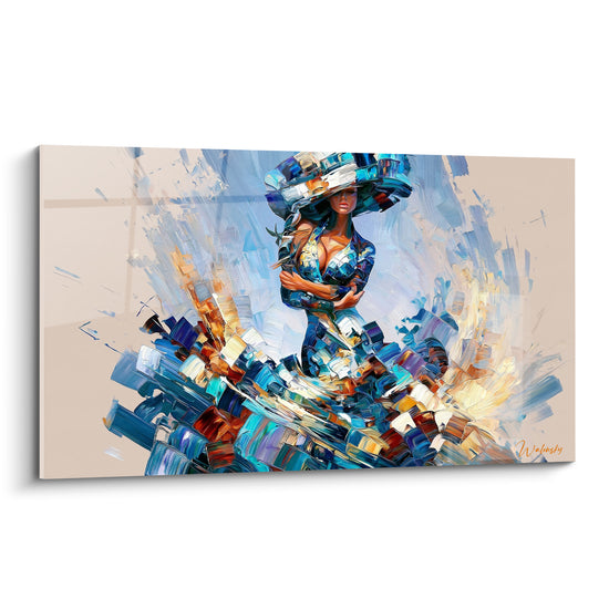 Tableau Femme au chapeau bleu et robe éclatée - Tourbillon de matière - Edition Danseuse
