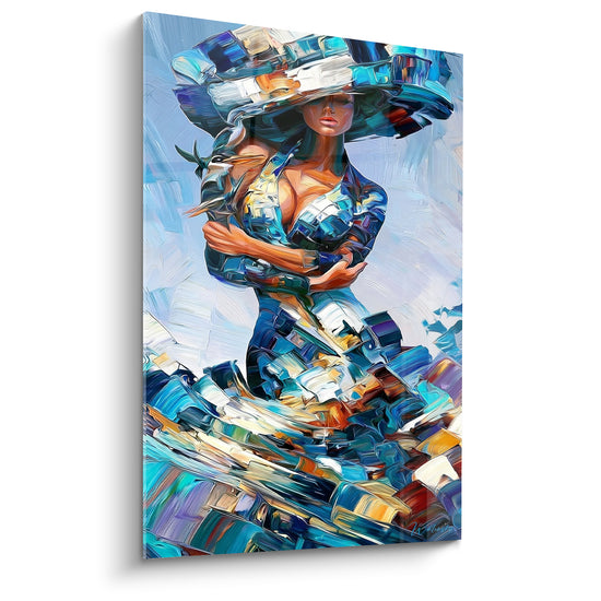 Tableau Femme au chapeau bleu et oiseau doré - Complicité sauvage - Edition Danseuse