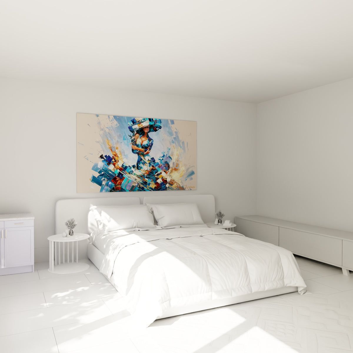 Silhouette féminine bleu marine et doré de la Danseuse, au-dessus d'un lit dans une chambre claire