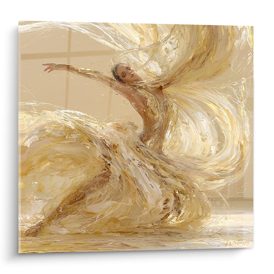 Tableau Danseuse dorée aux voiles ivoire tourbillonnants - Envol suspendu - Edition Danseuse