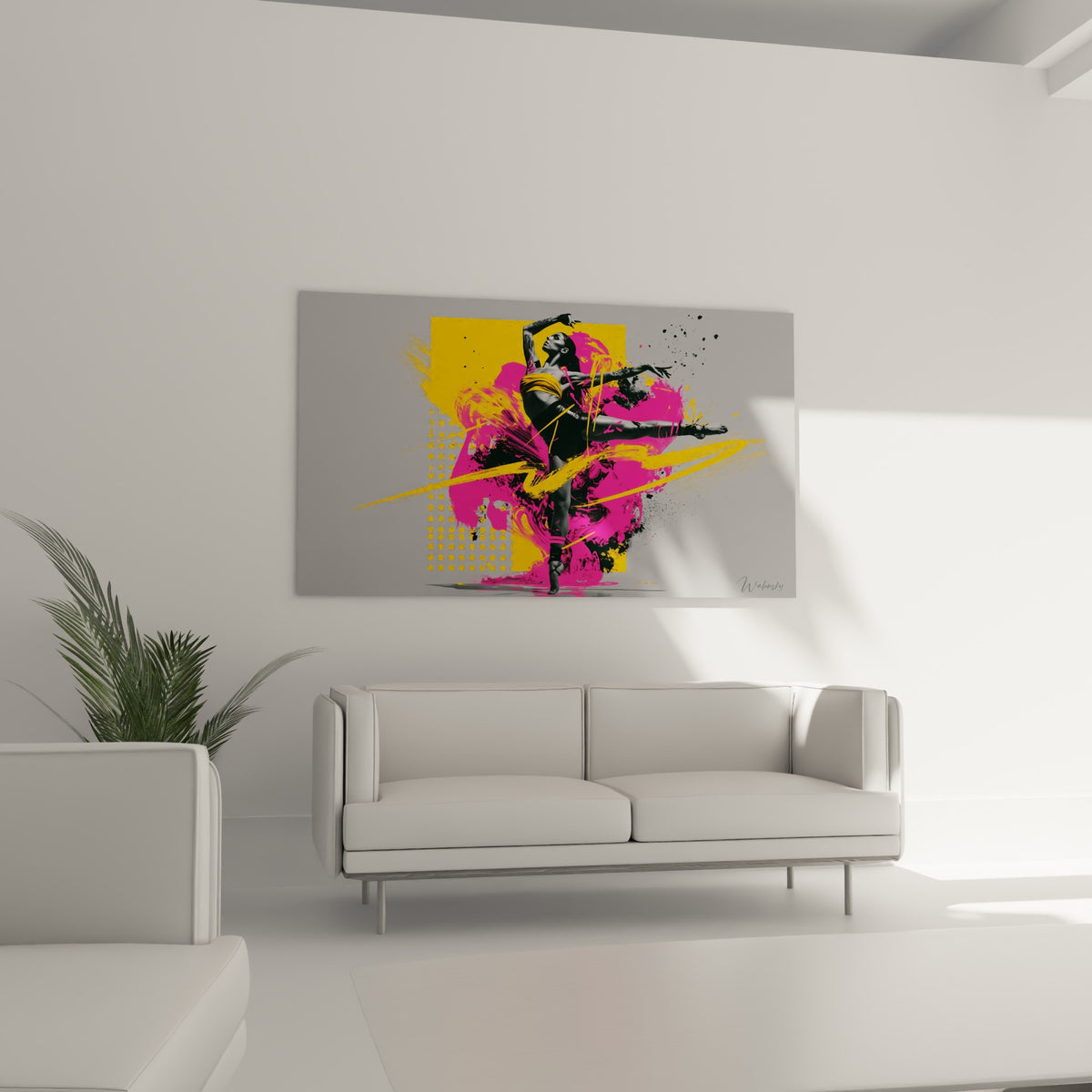 Danseuse en équilibre sur pointe, bras levés, éclats fuchsia et jaunes, au-dessus d'un canapé dans un salon lumineux
