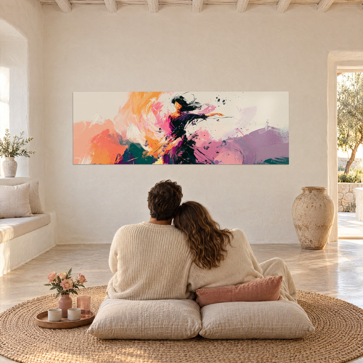 Wall art of a pigment waltz swirling around a woman in a violet veil, mauve and brilliant orange, Mediterranean living room, embracing couple