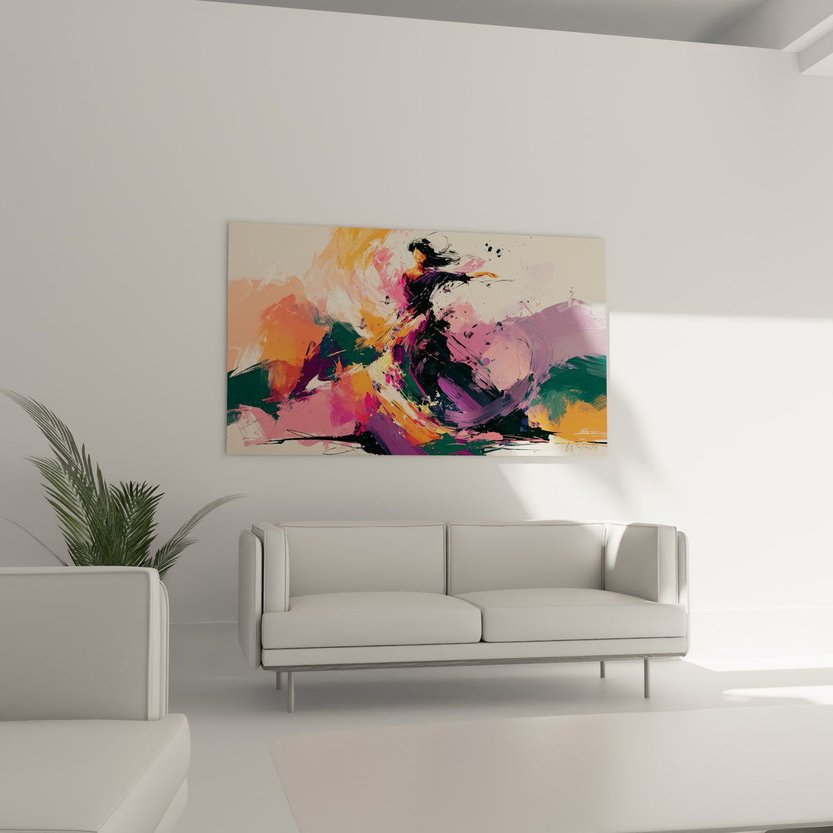 Flamenco peint en noir et rose fuchsia, geste ample, au-dessus d'un canapé dans un salon lumineux