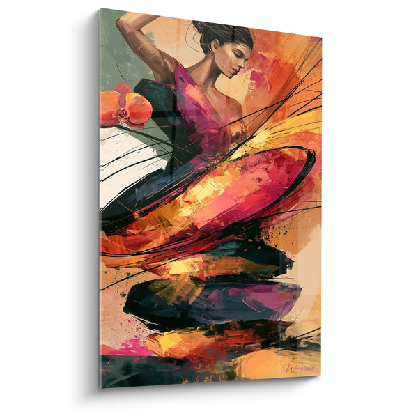 Tableau Robe pourpre et noire aux larges éclaboussures oranges - Orchidée orange à l'épaule - Edition Danseuse