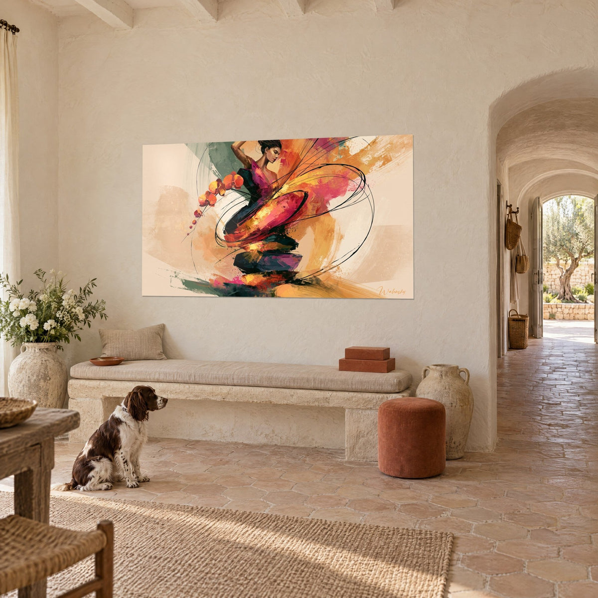 Tableau silhouette dansante en robe rose et ocre, fleurs d'orchidée orangées, traits noirs en volutes, mas provençal