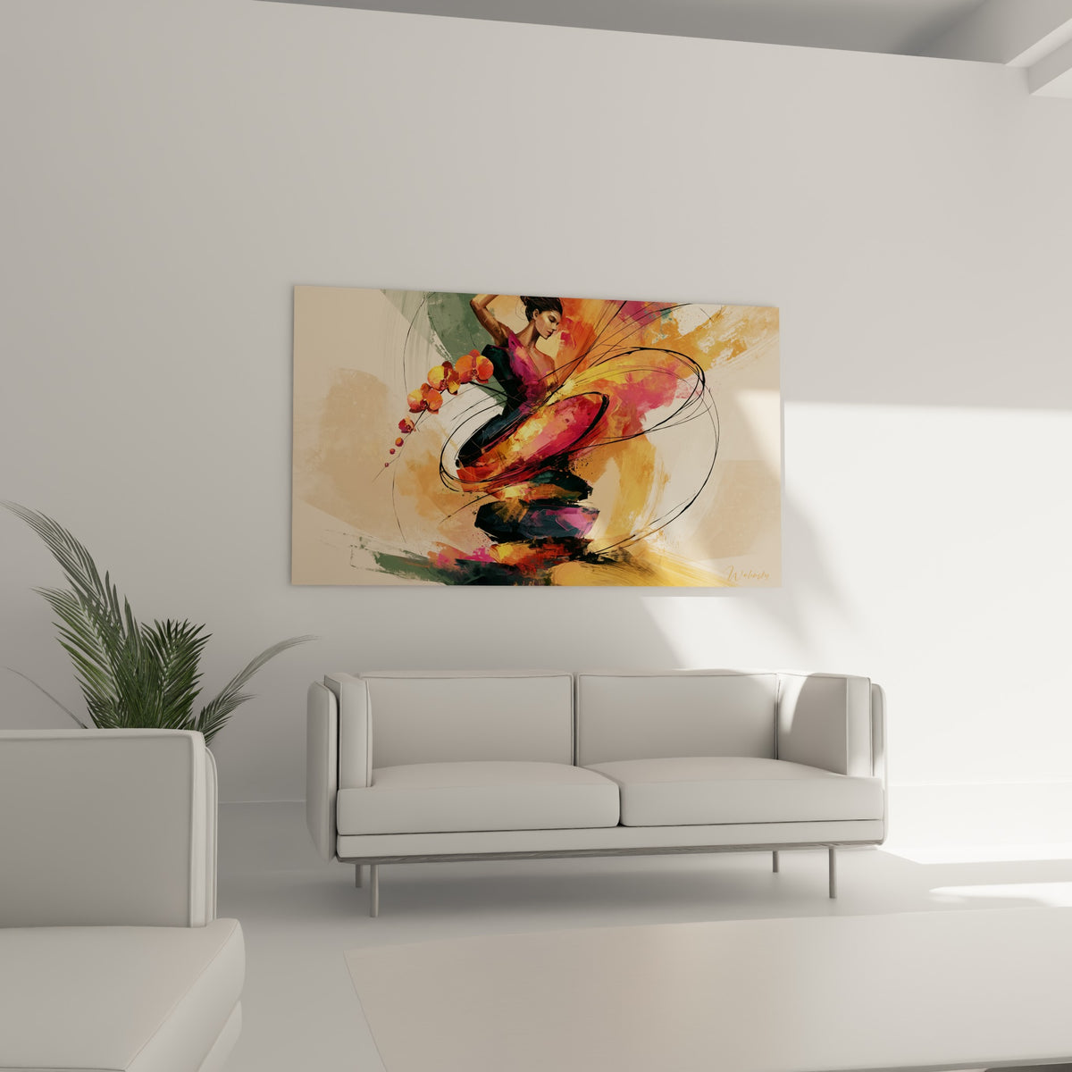Flamenca aux couleurs pourpre et terracotta, mouvement suspendu, au-dessus d'un canapé dans un salon lumineux