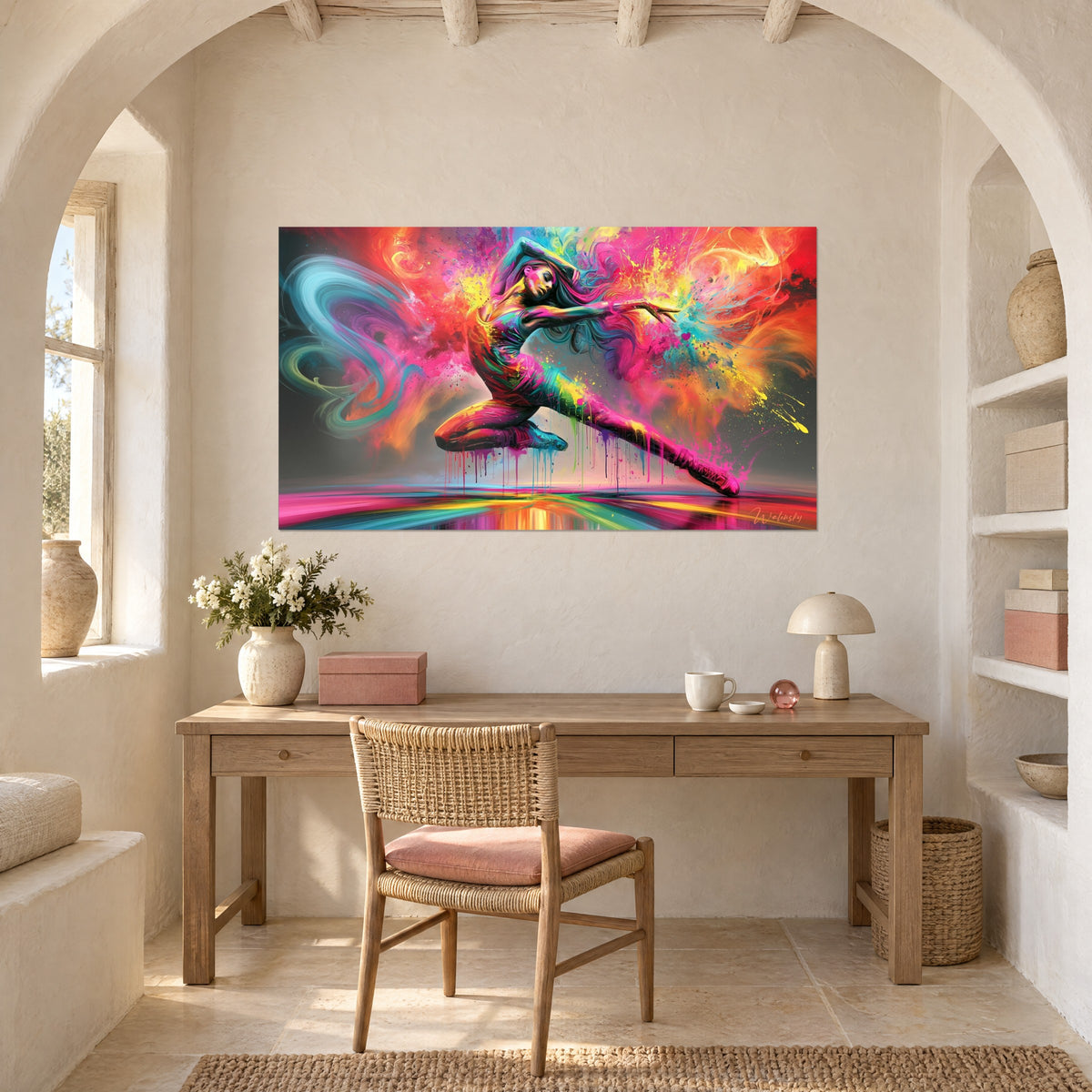 Tableau danseuse acrobatique fuchsia et vert menthe, cheveux en tourbillon, éclats de jaune, au-dessus d'un bureau en bois clair