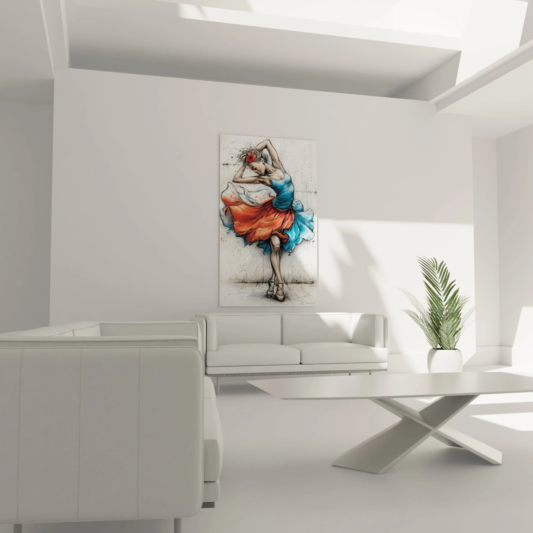 Tableau danseuse africaine colorée sur un mur blanc, ajoutant une touche artistique à la décoration intérieure