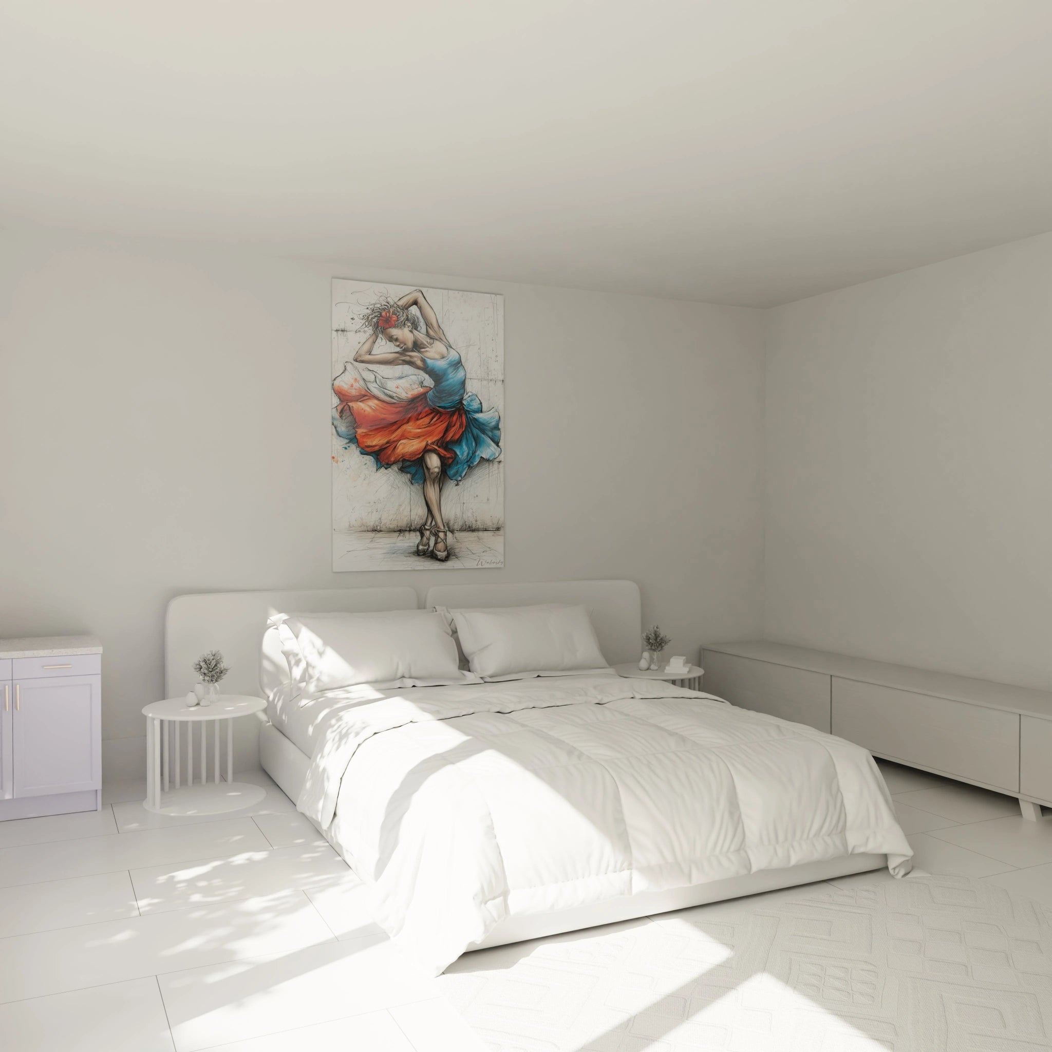 Tableau danseuse africaine coloré dans une chambre lumineuse avec lit et décoration minimale.