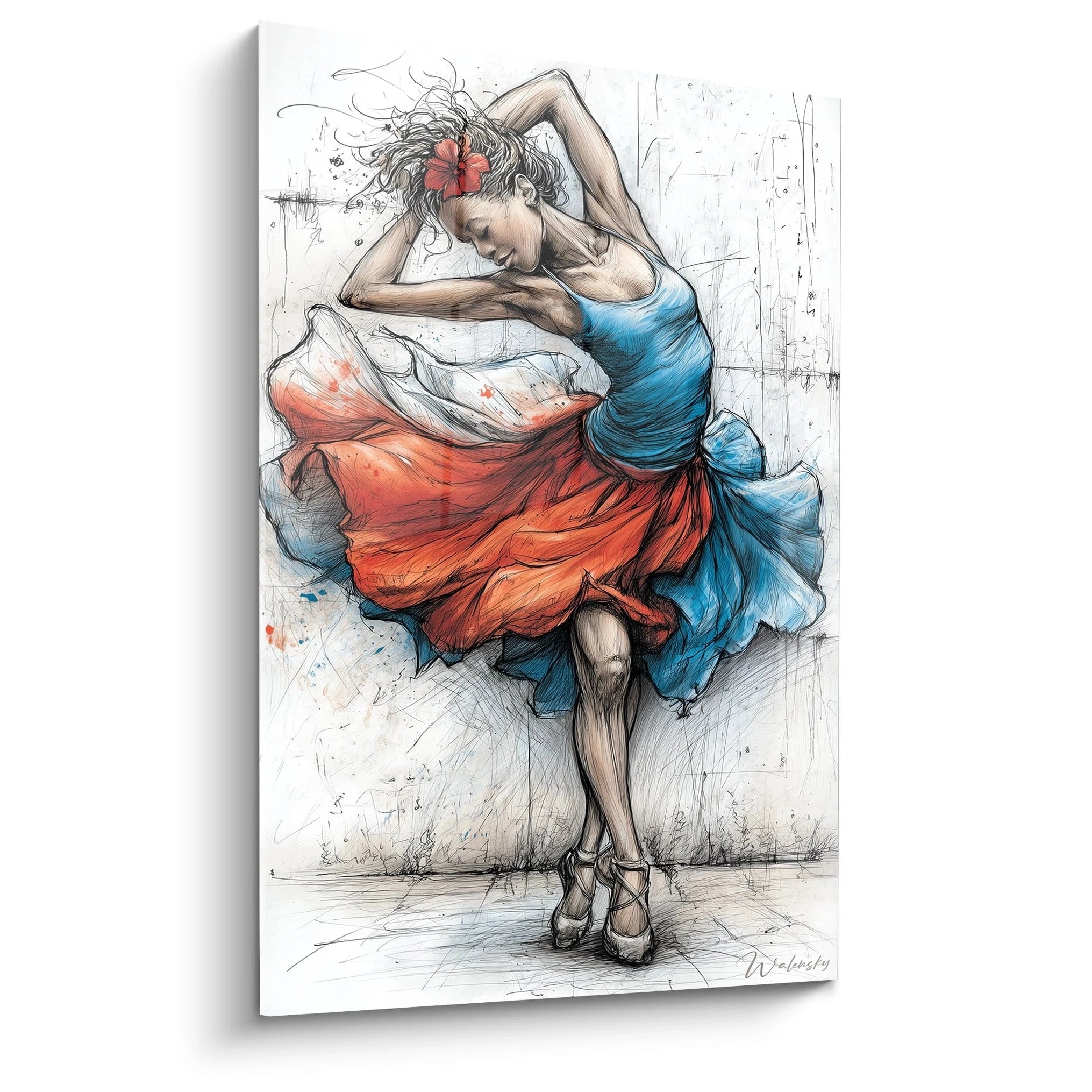 Tableau danseuse africaine en pleine performance avec une robe colorée et un fond artistique