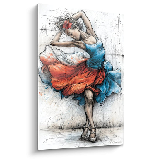 Tableau danseuse africaine en pleine performance avec une robe colorée et un fond artistique