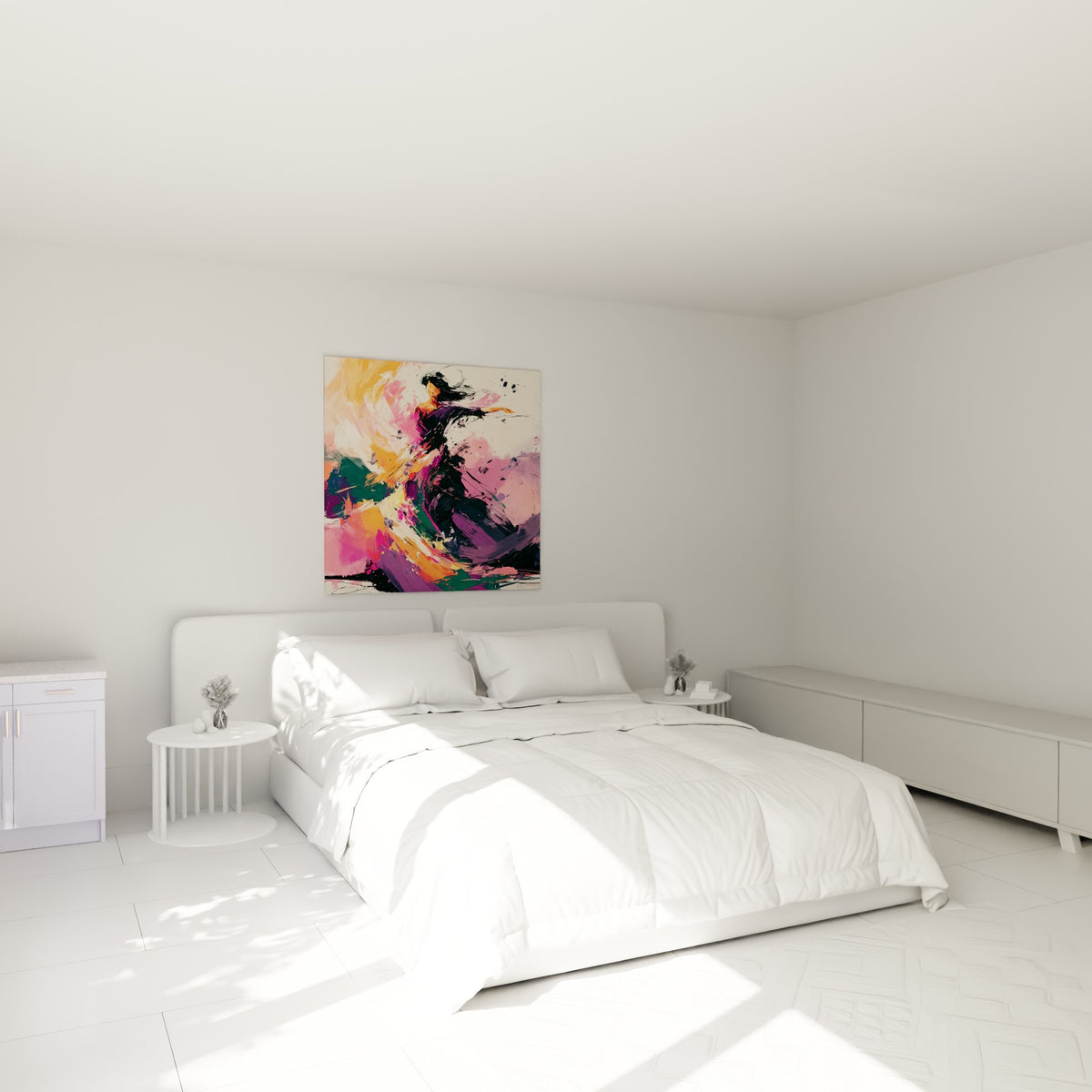 Silhouette de danseuse violette et orange en plein élan, au-dessus d'un lit dans une chambre claire