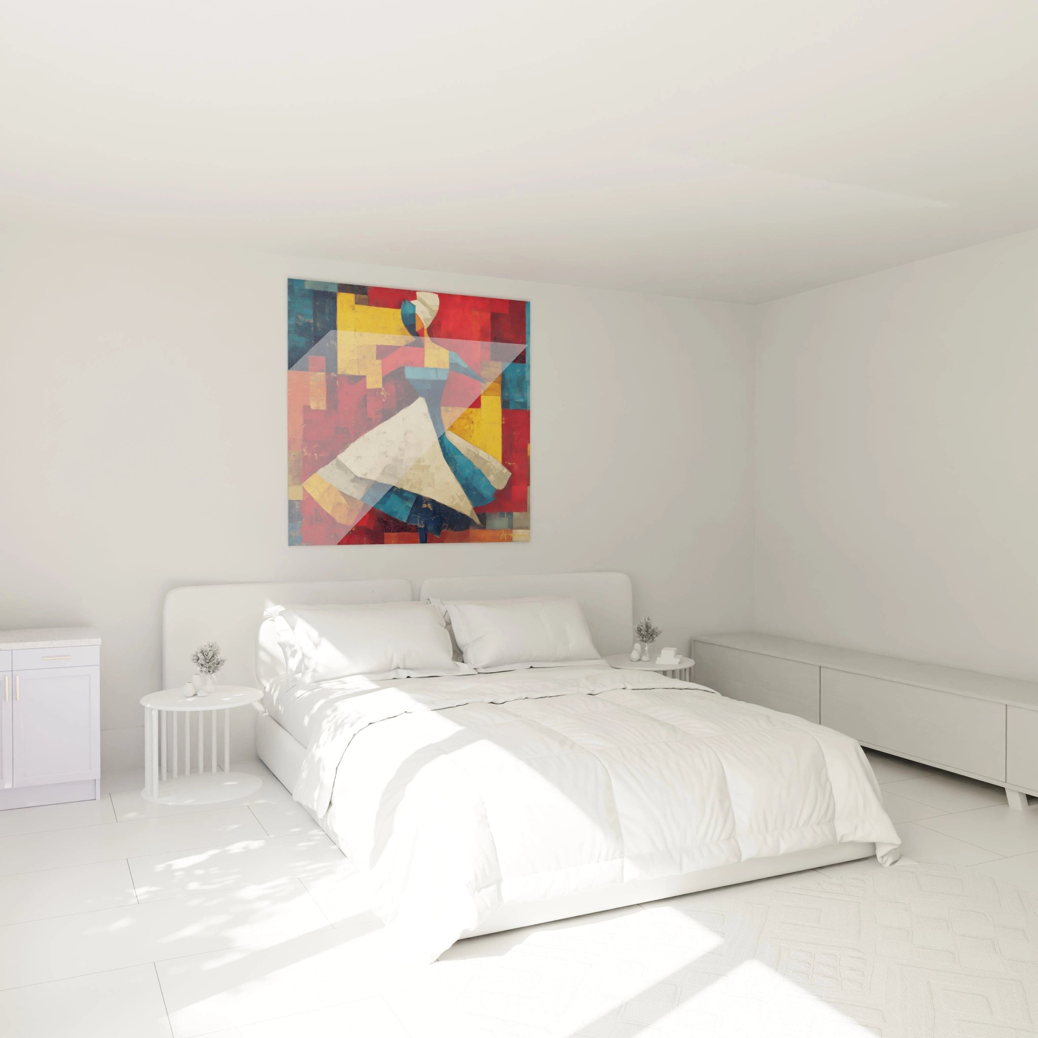 Chambre minimaliste avec lit blanc et tableau danseuse africaine moderne coloré style géométrique de Walensky