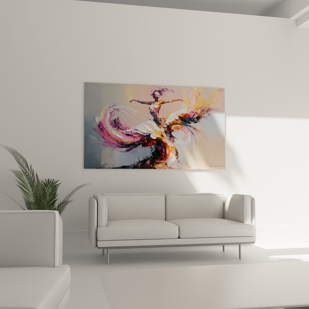 Robe orange et violette en volutes, tableau danseuse au-dessus d'un canapé dans un salon lumineux