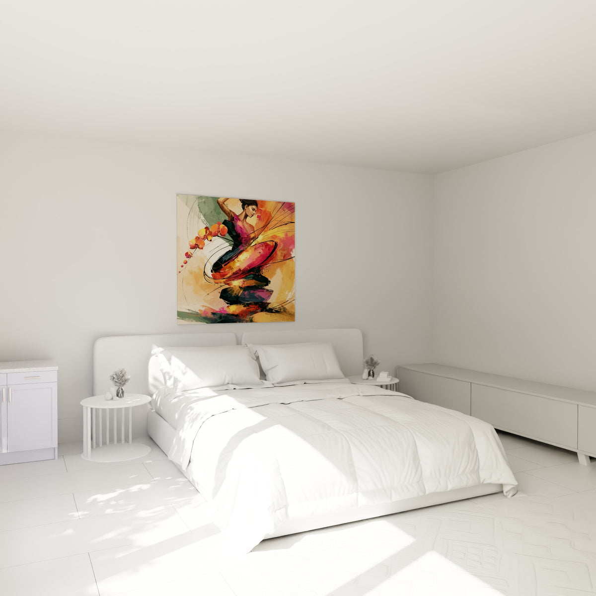 Silhouette cambrée en pourpre et orangé, tableau danseuse au-dessus d'un lit dans une chambre claire