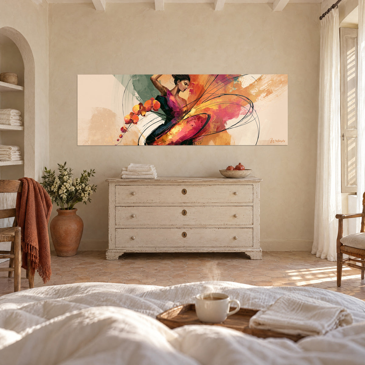 Schilderij vrouwelijke silhouet met wervelende roze en gele rokken, amandelgroene penseelstreken, boven een bed in een lichte slaapkamer