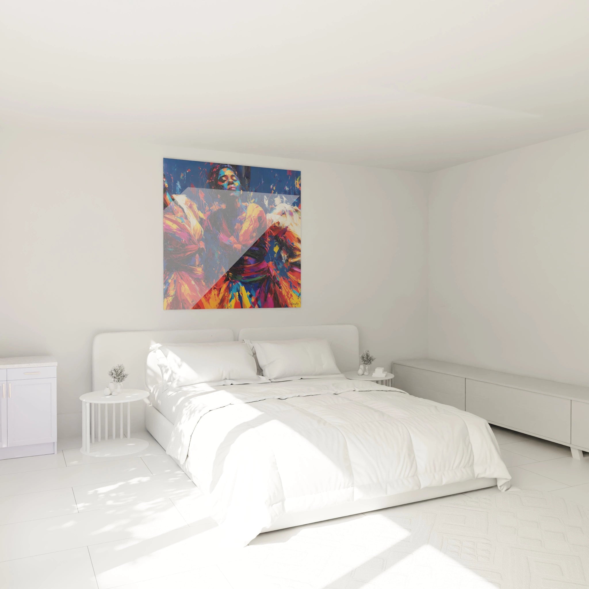 tableau danseuse africaine Walensky colore accroche au dessus d un lit blanc dans une chambre minimaliste