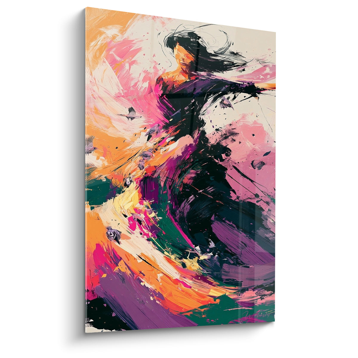 Danseuse en robe pourpre et fond orangé, mouvement ample et traits noirs expressifs