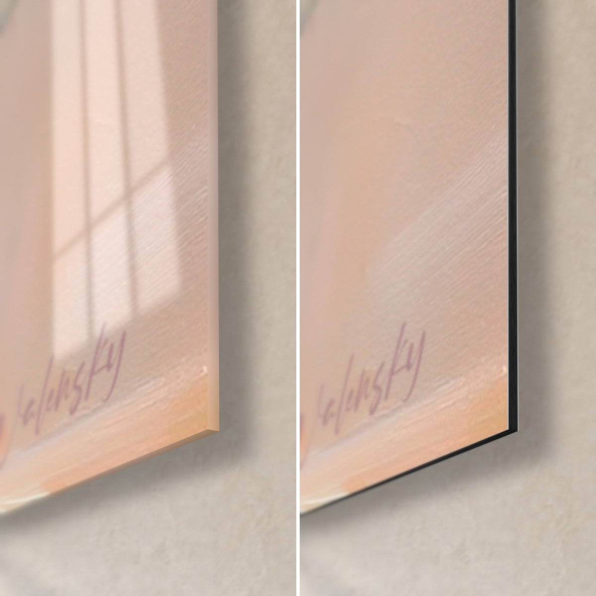 Tableau ballerine en mouvement, coin bas droit : verre acrylique brillant à gauche, Dibond mat à droite, rose pêche et signature