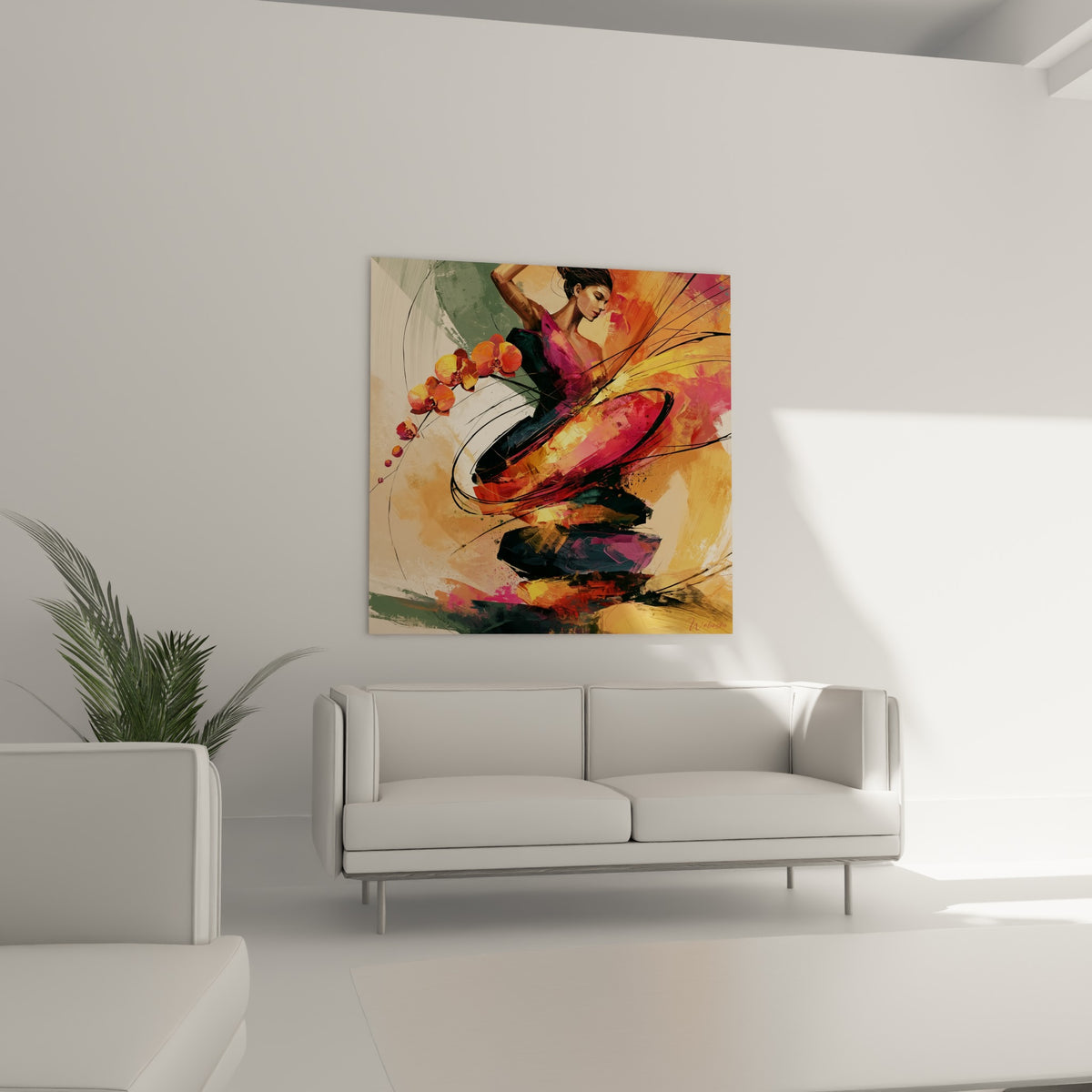 Bras levé et jupe pourpre virevoltante, tableau danseuse au-dessus d'un canapé dans un salon lumineux