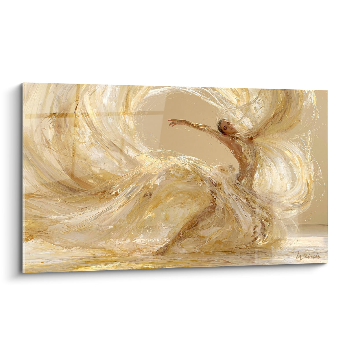 Danseuse en robe dorée tourbillonnante, bras levé, touches crème et ocre, peinture au couteau