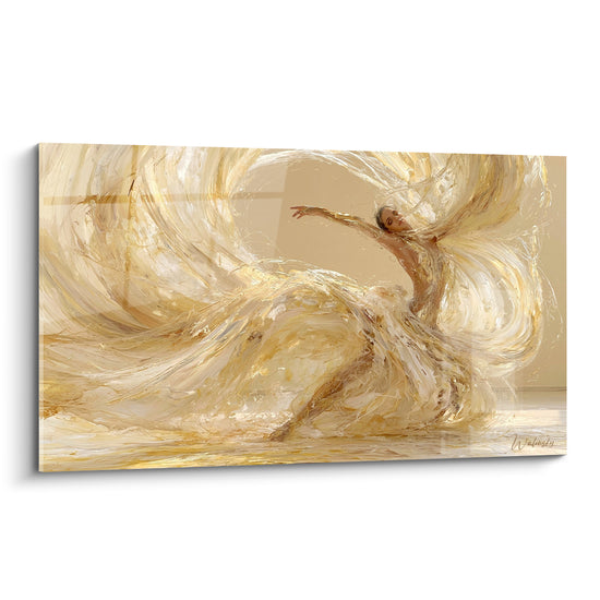 Tableau Robe ivoire et dorée aux vagues déployées - Bras tendu vers le ciel - Edition Danseuse