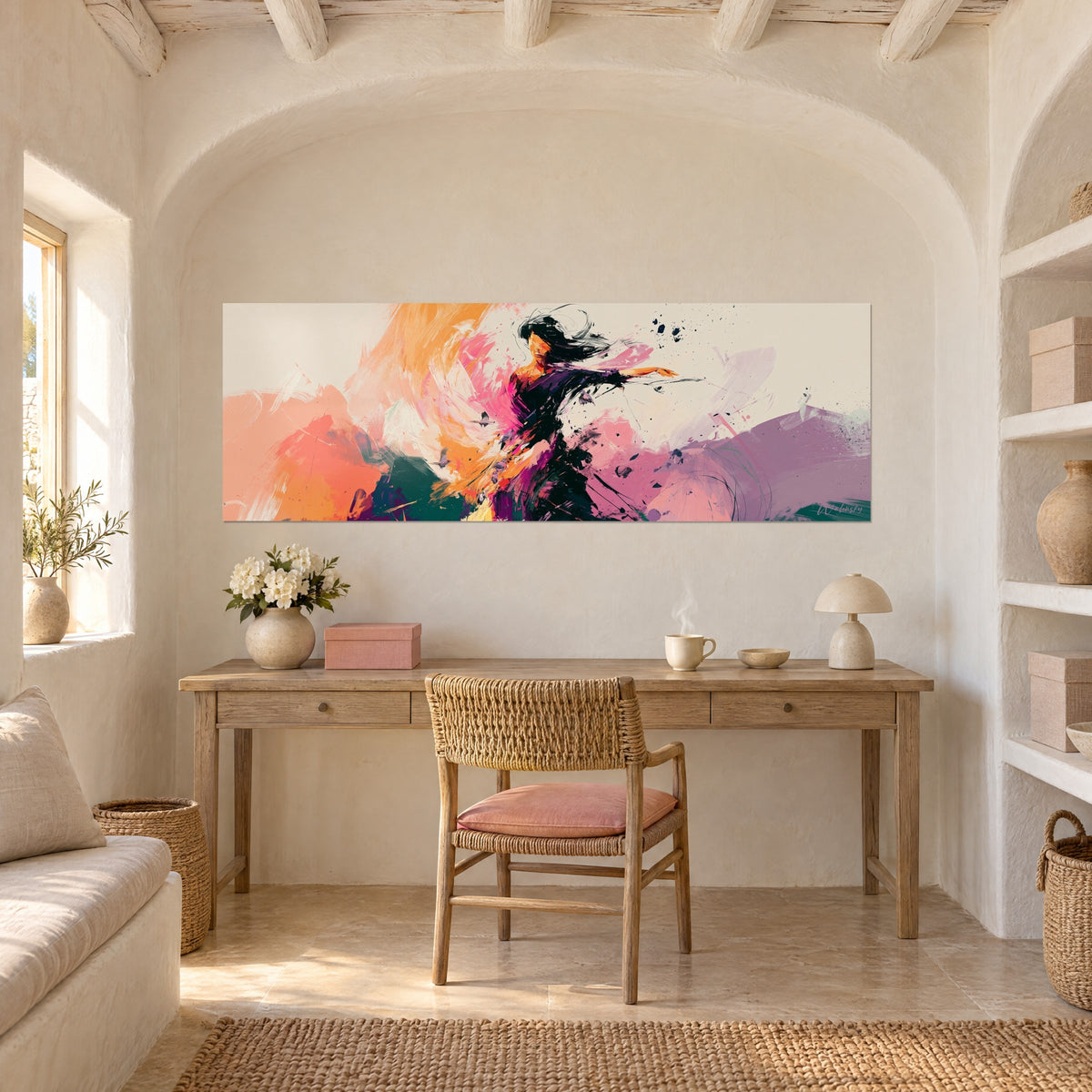 Wall art of a fiery portrait of a dancer, black splatters, cream background, orange and pink, light wood desk, vaulted alcove