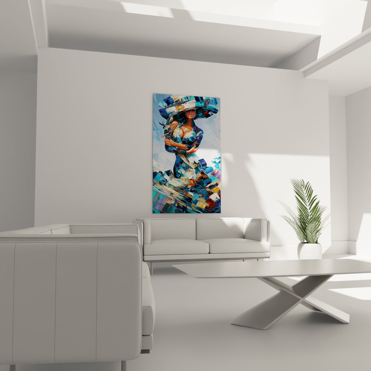 Figure fragmentée en bleu et blanc cassé, chapeau ample et bras croisés, au-dessus d'un canapé dans un salon lumineux