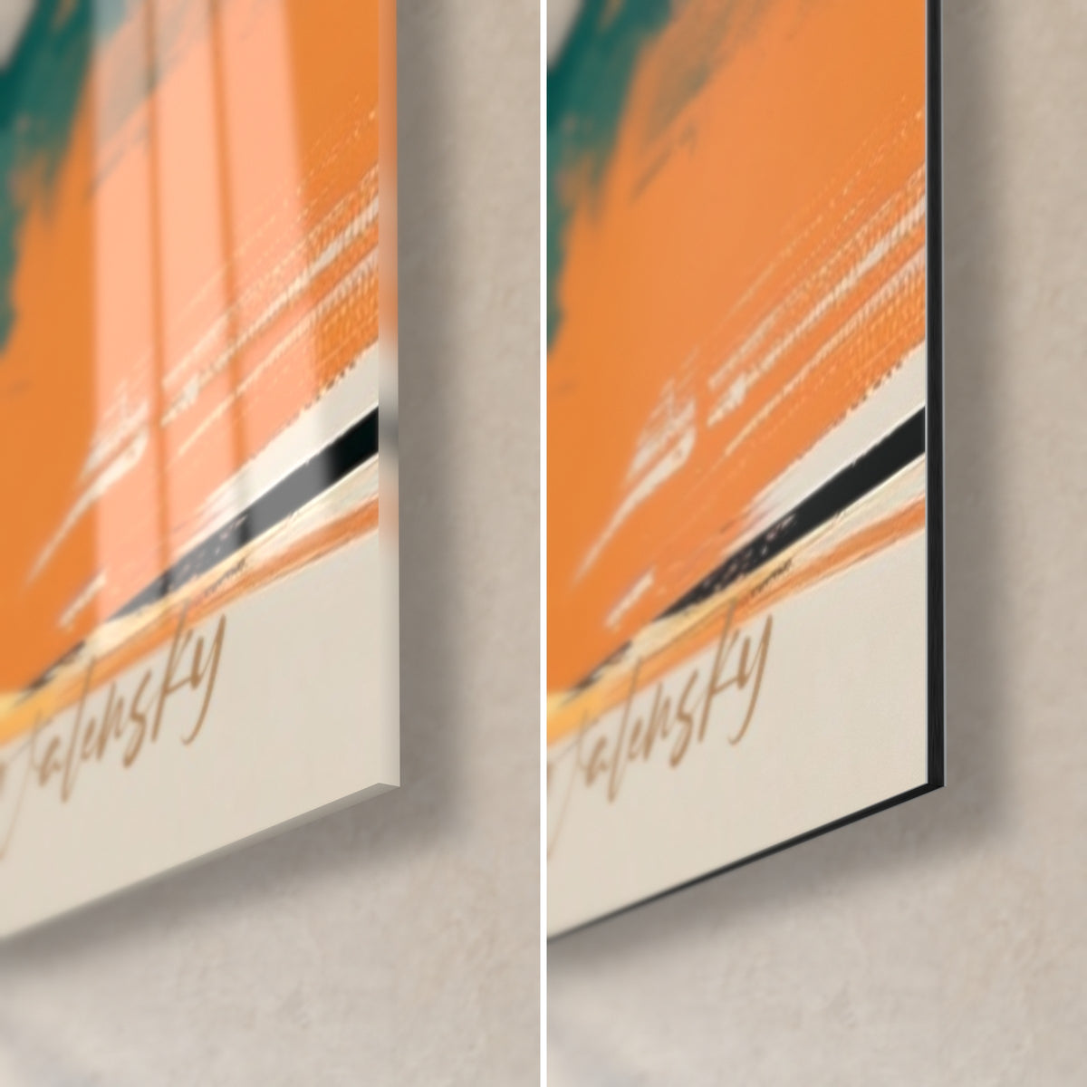Schilderij geschilderde danseres, rechtsonder: fel oranje en crème, handtekening Walensky, glanzend glas en mat zwart Dibond