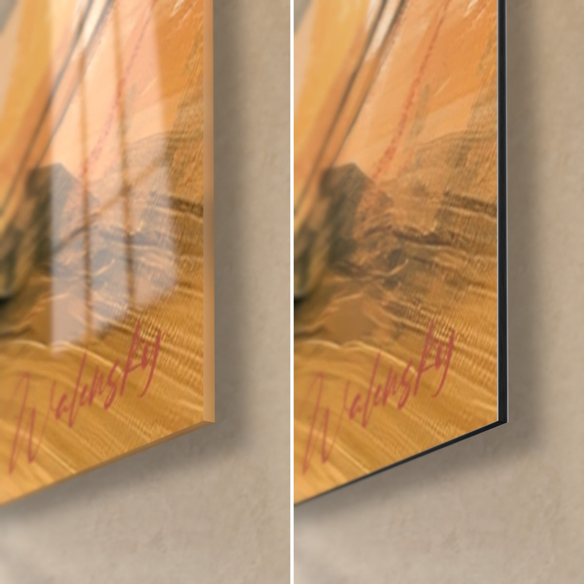 Schilderij flamenco geschilderd in goudoker en roze, rechtsonder: glanzend acrylglas links, mat zwart Dibond-aluminium rechts, rand van 3 mm