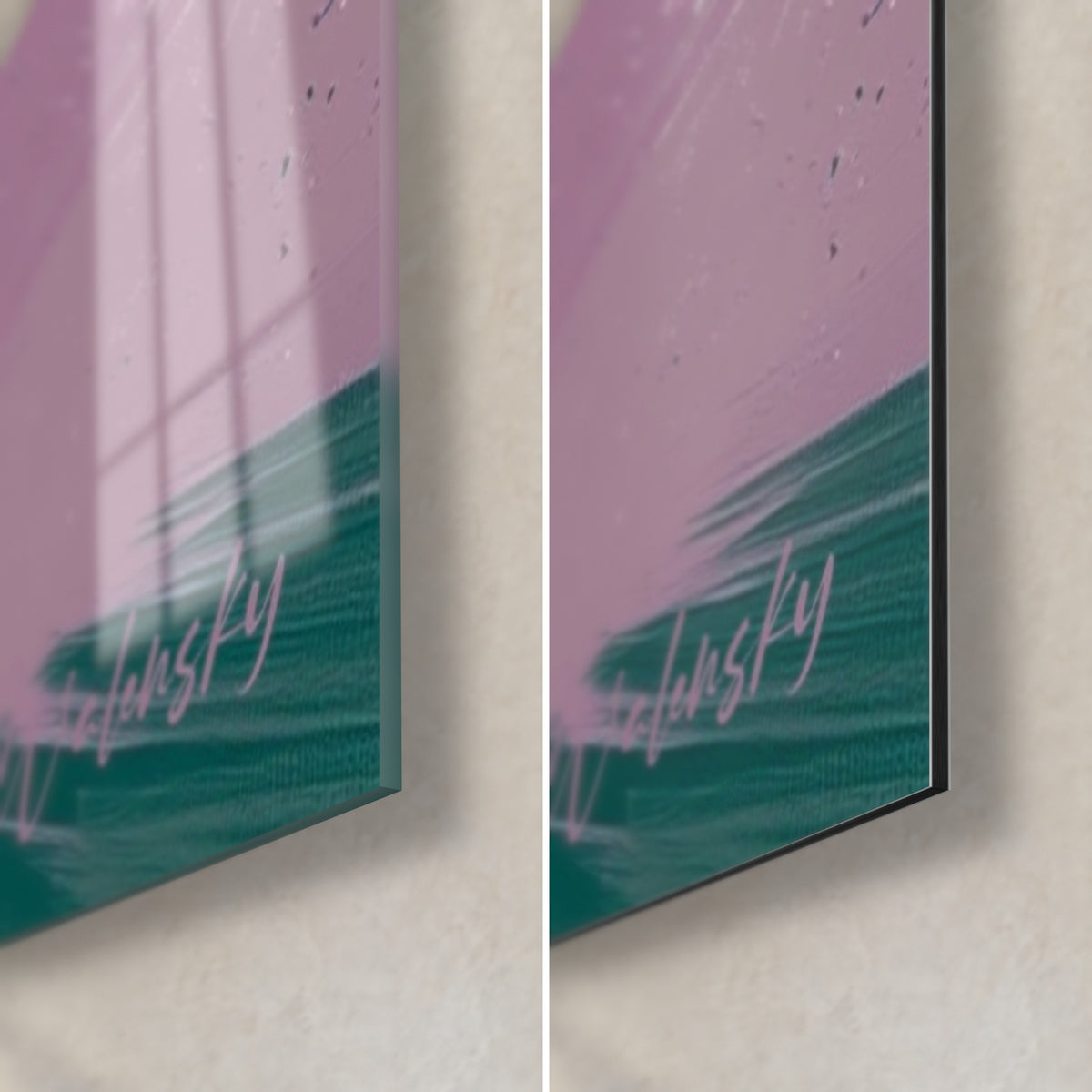 Wall art of a woman in motion, lower right corner: fir green and mauve blocks, signature, 3 mm edge, glossy glass and matte Dibond