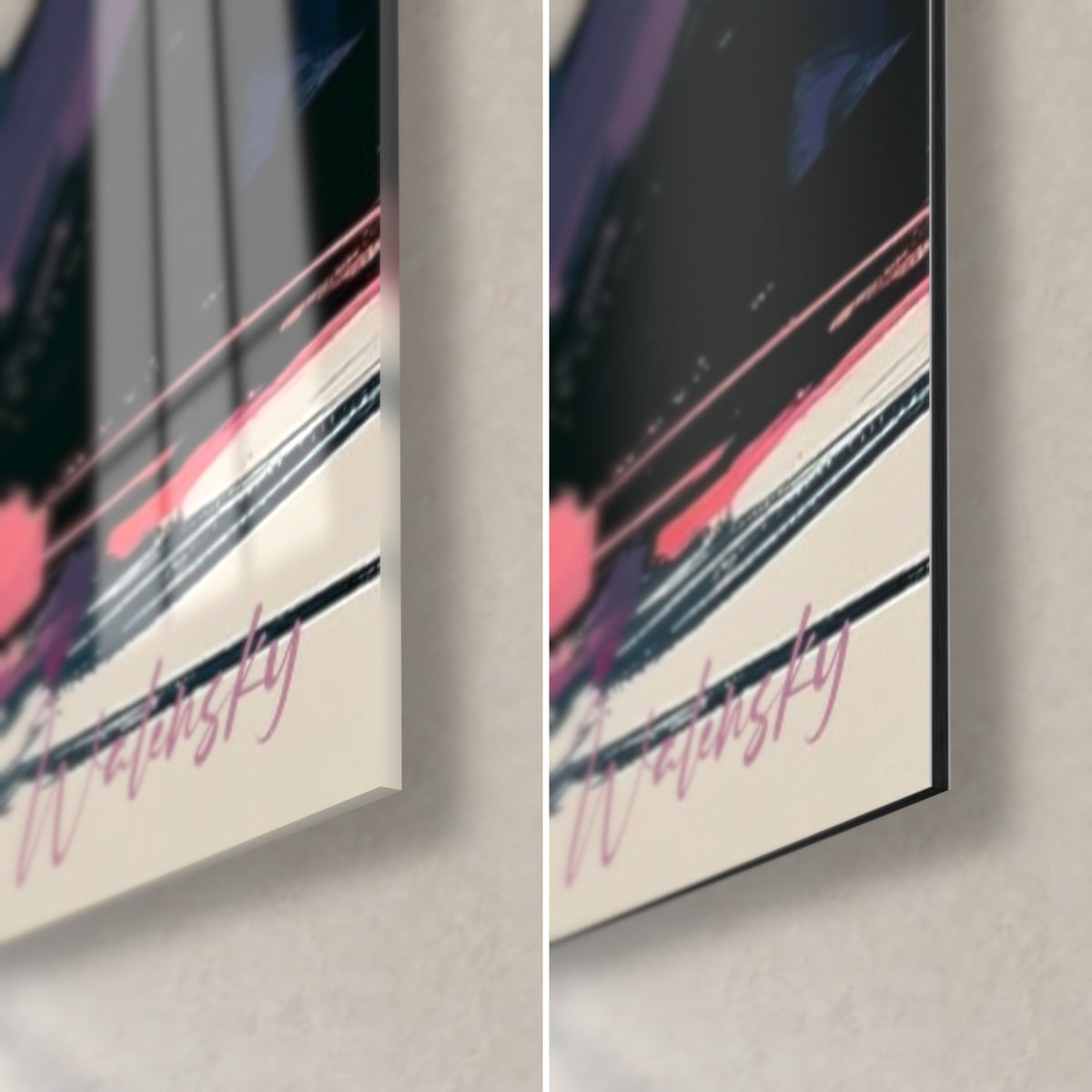 Schilderij danseres in een violette jurk, rechtsonder: glanzend glas links, mat Dibond rechts, zwarte rand van 3 mm