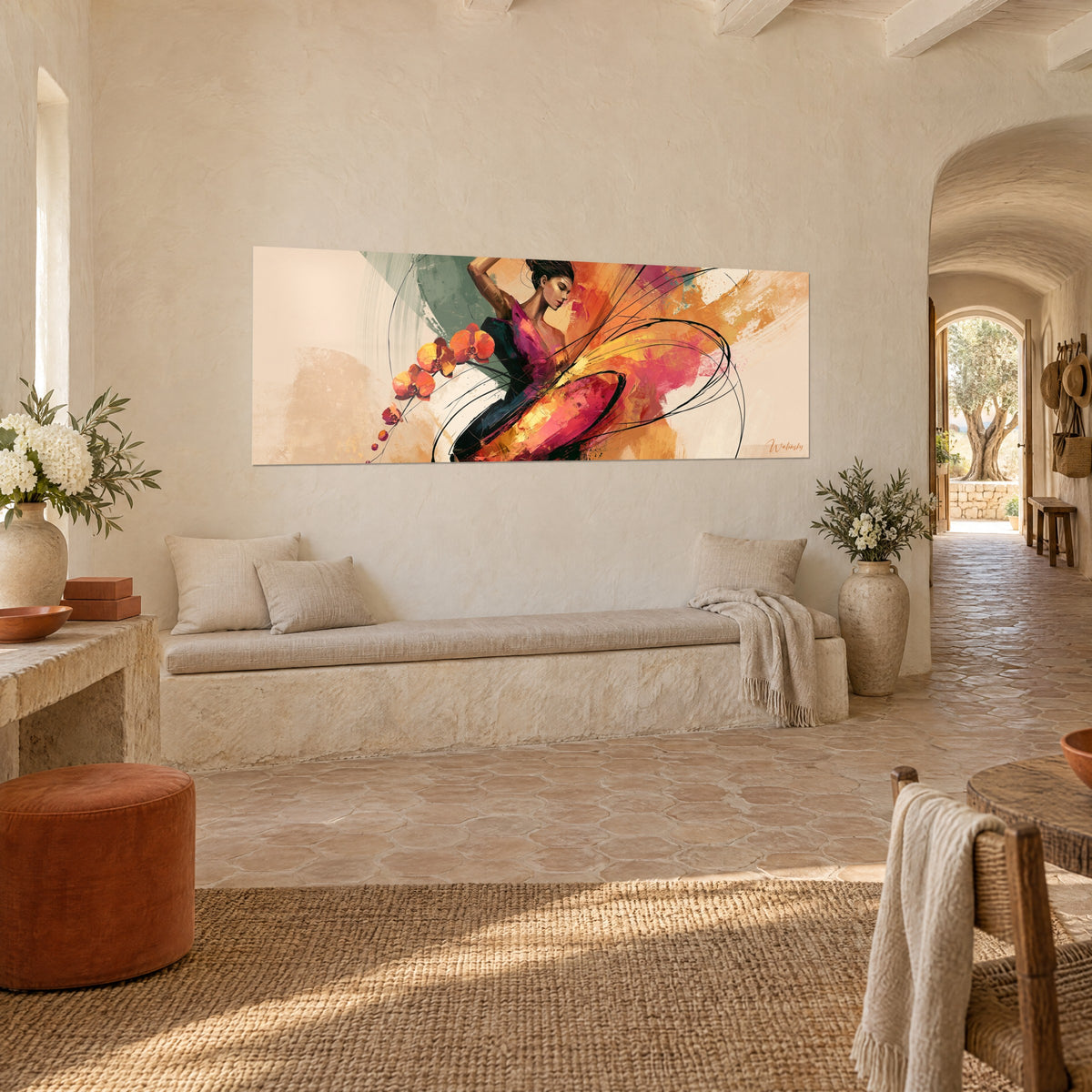 Tableau branche d'orchidées safran et corail s'arquant sur des aplats vert amande et beige, mas provençal, banquette en pierre