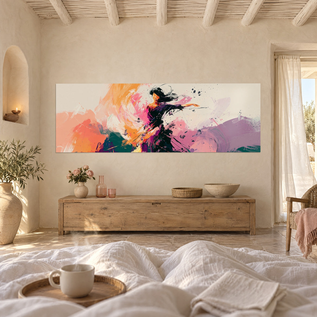 Wall art of a blazing leap by an artist in a purple dress, apricot and lilac touches, above a bed in a light bedroom
