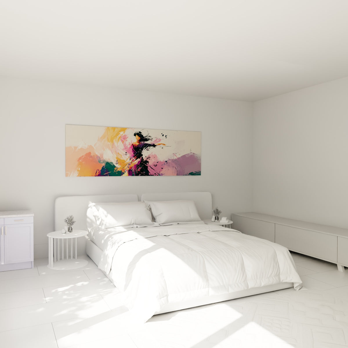 Silhouette de danseuse aux tons orange et violets, au-dessus d'un lit dans une chambre claire