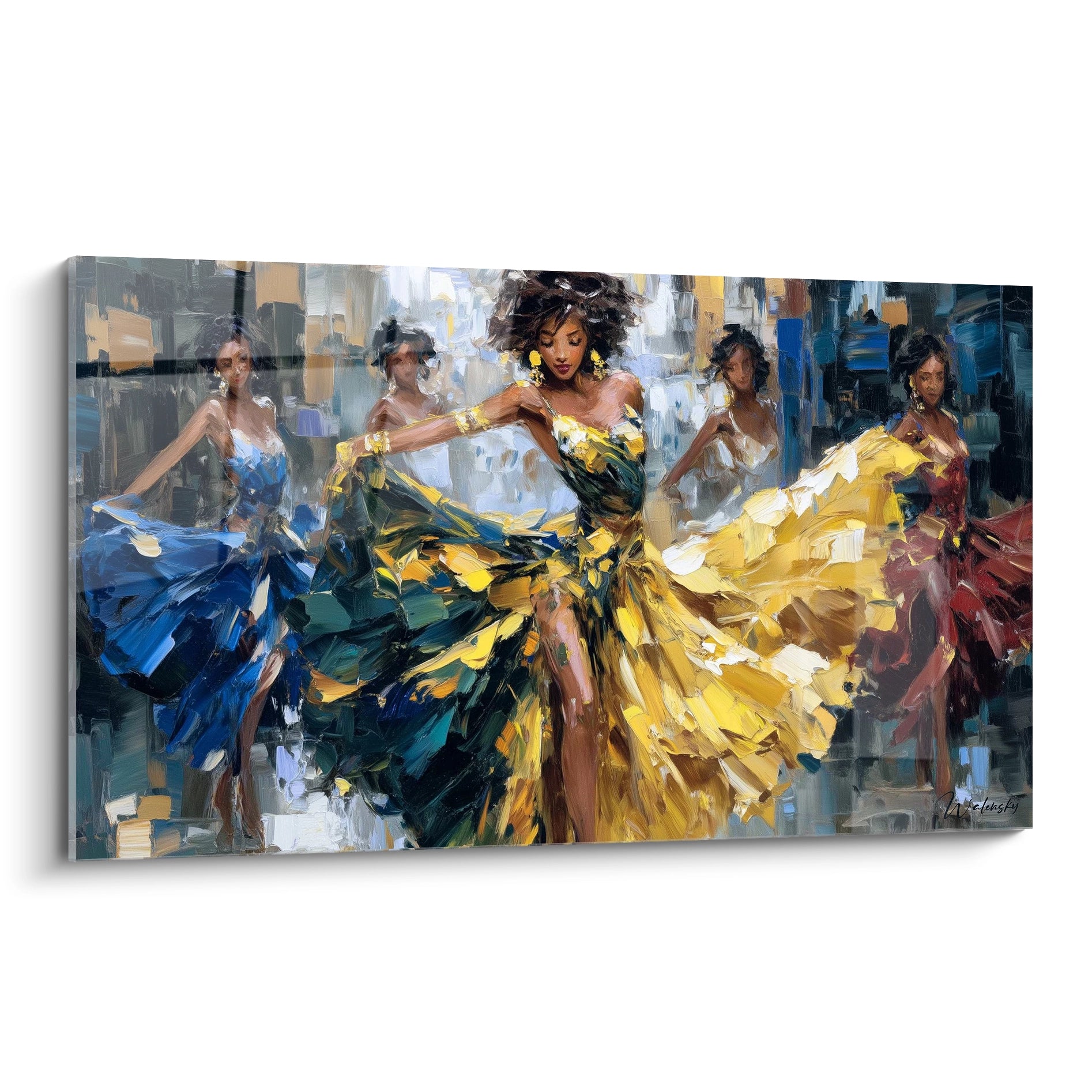 Tableau danseuses africaines en couleurs vives représentant des femmes dansantes avec des robes éclatantes