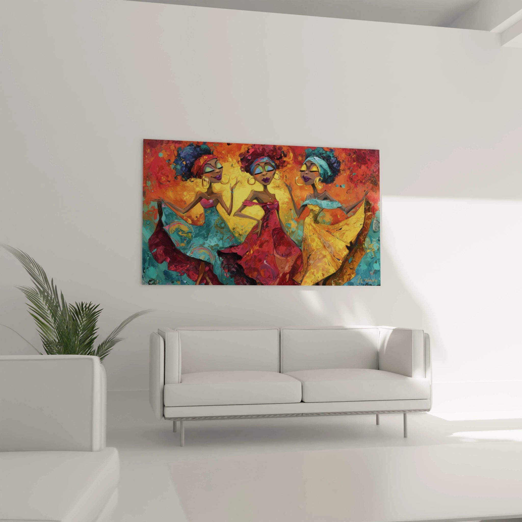 Walensky tableau danse africaine mural coloré representant trois femmes dansantes en robes vives pour salon