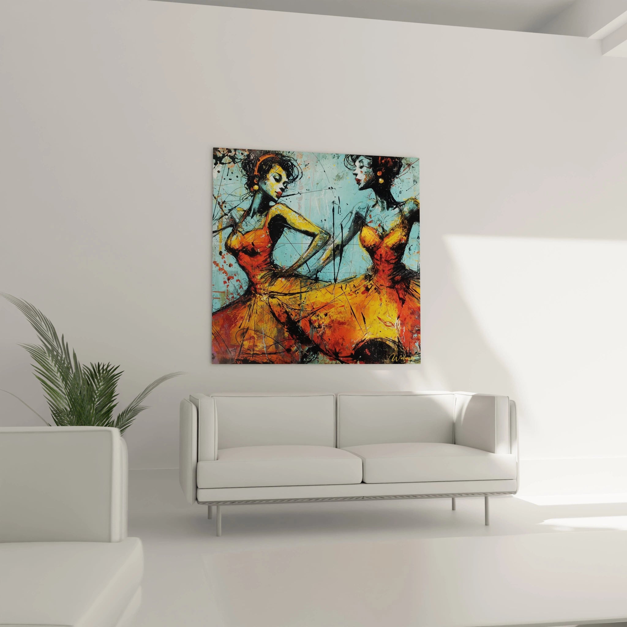 Tableau mural Walensky tableau danse africaine moderne deux danseuses abstraites en robes orange sur fond turquoise