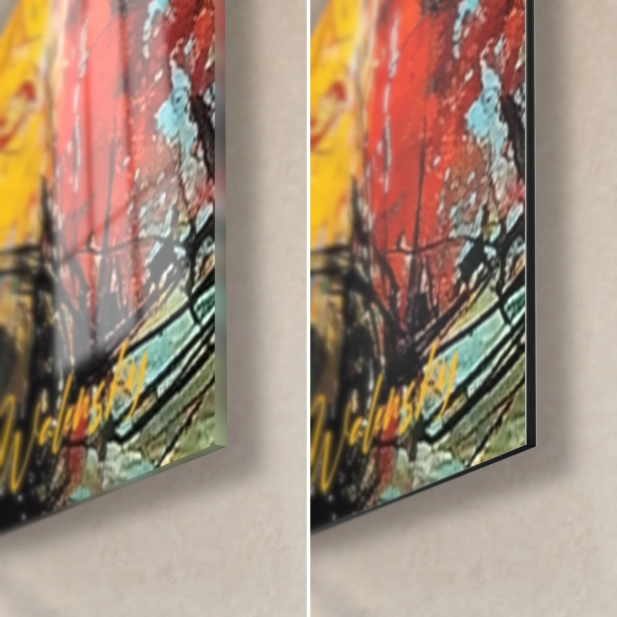 Tableau danseuses en robe orange, coin bas droit : signature jaune sur turquoise, verre brillant à gauche, Dibond mat à droite