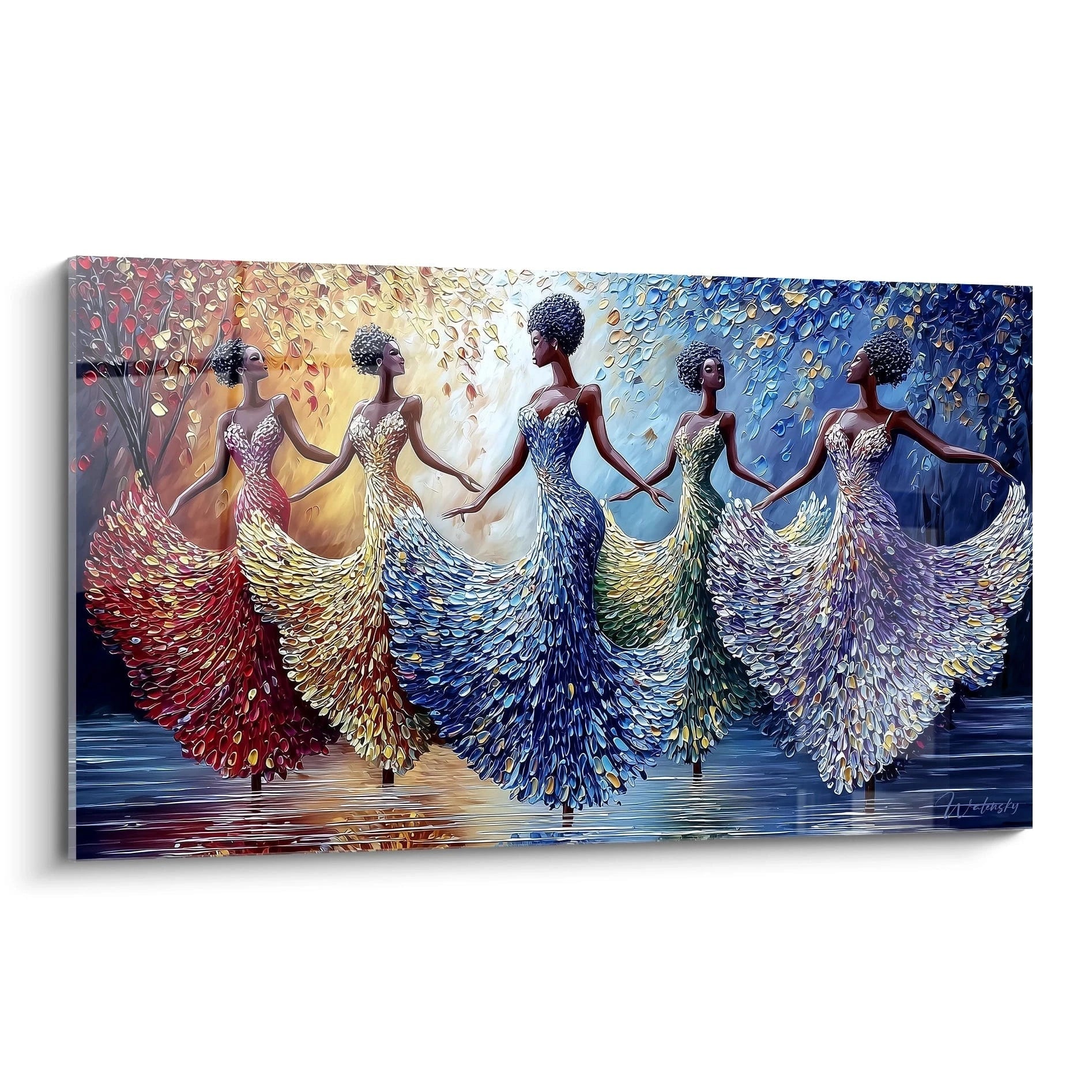 Tableau mural de danse africaine moderne avec six femmes en robes colorées dans un paysage vibrant