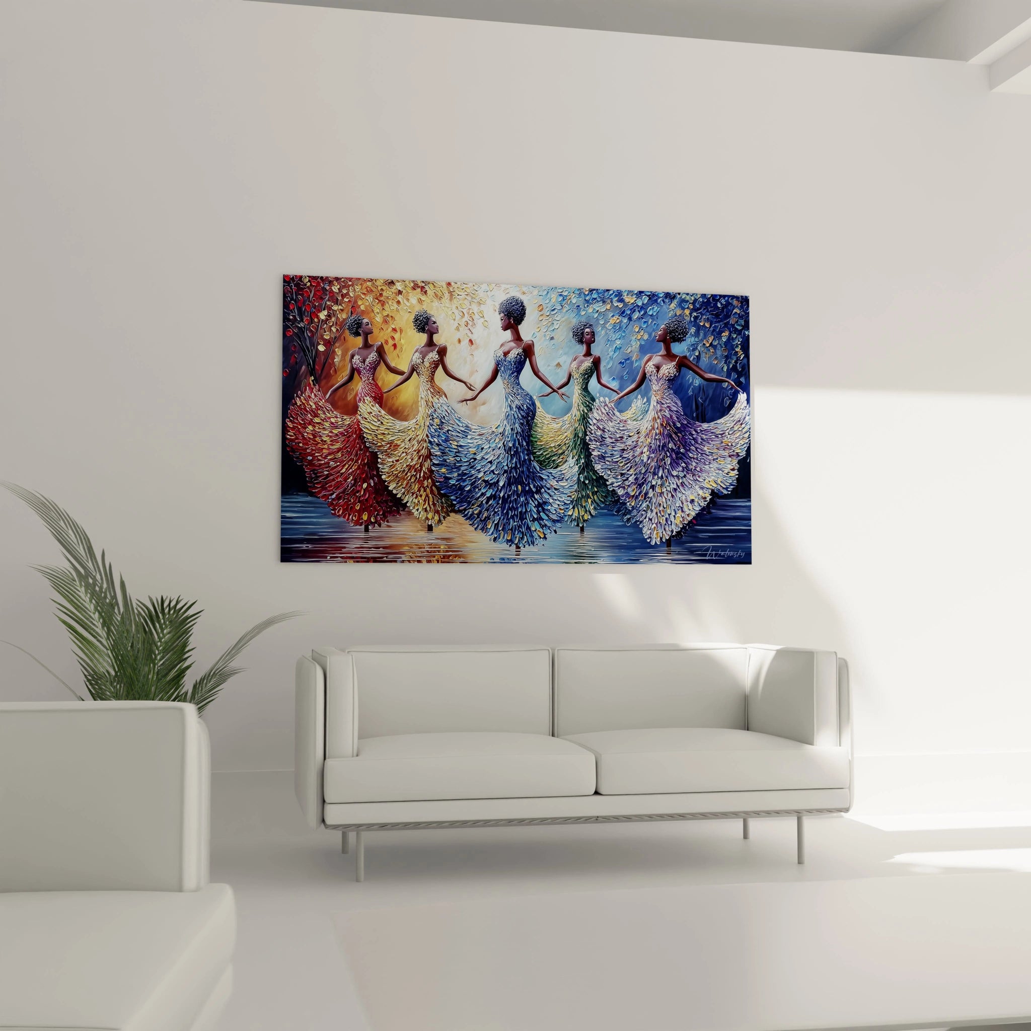 Tableau danse africaine moderne avec des femmes en robes colorées dansant ensemble sur fond vibrant